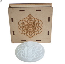 Load image into Gallery viewer, Selenite Charging Plate - Chakra Crystal, Lotus with Om, Meditating Chakra, Metatrons Cube