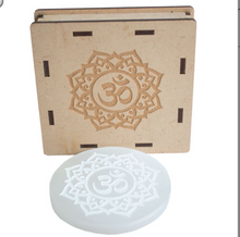 Load image into Gallery viewer, Selenite Charging Plate - Chakra Crystal, Lotus with Om, Meditating Chakra, Metatrons Cube