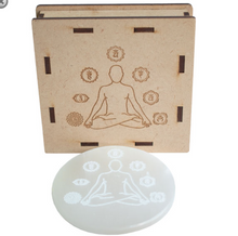 Load image into Gallery viewer, Selenite Charging Plate - Chakra Crystal, Lotus with Om, Meditating Chakra, Metatrons Cube