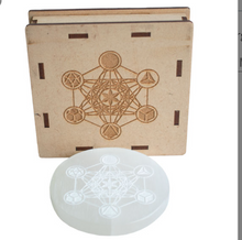 Load image into Gallery viewer, Selenite Charging Plate - Chakra Crystal, Lotus with Om, Meditating Chakra, Metatrons Cube