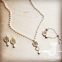 Load image into Gallery viewer, Matte Gold Medallion Earrings with Freshwater Pearl Dangle 203r