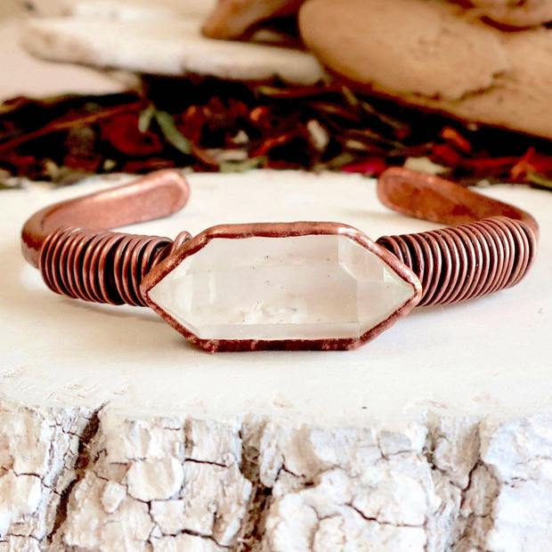 Clear Quartz Master Healer Copper Bracelet | Raw Stone Cuff Bracelet | Birthstone Bracelet | Stone Bangle-X-SM