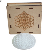 Load image into Gallery viewer, Selenite Charging Plate - Chakra Crystal, Lotus with Om,  Meditating Chakra, Metatrons Cube
