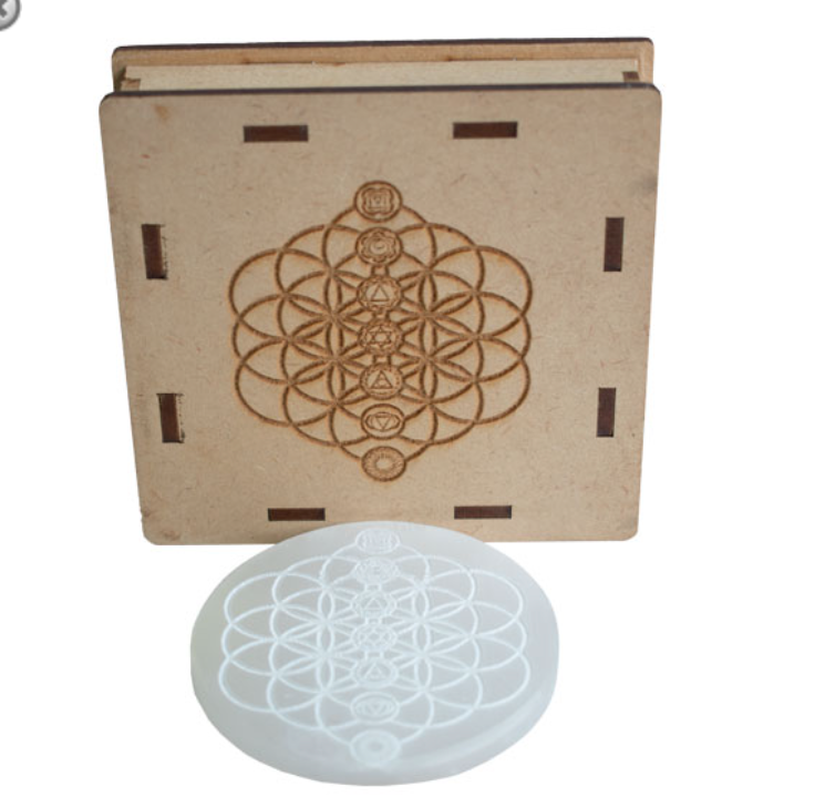 Selenite Charging Plate - Chakra Crystal, Lotus with Om,  Meditating Chakra, Metatrons Cube