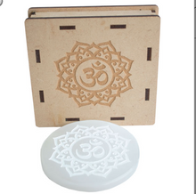 Load image into Gallery viewer, Selenite Charging Plate - Chakra Crystal, Lotus with Om,  Meditating Chakra, Metatrons Cube
