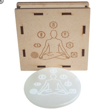 Load image into Gallery viewer, Selenite Charging Plate - Chakra Crystal, Lotus with Om,  Meditating Chakra, Metatrons Cube
