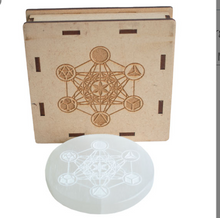 Load image into Gallery viewer, Selenite Charging Plate - Chakra Crystal, Lotus with Om,  Meditating Chakra, Metatrons Cube
