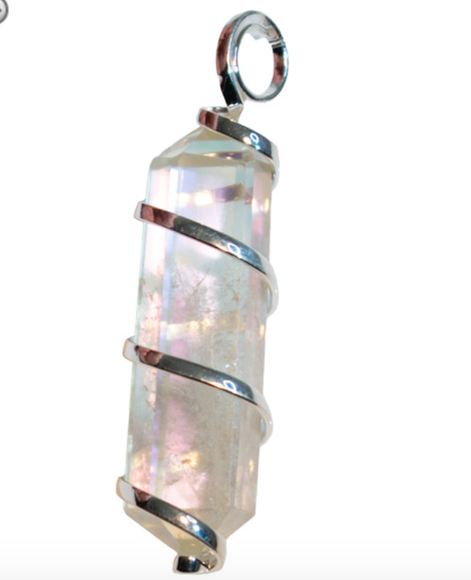 Pendant, Silver Twist, Clear Quartz with Aura