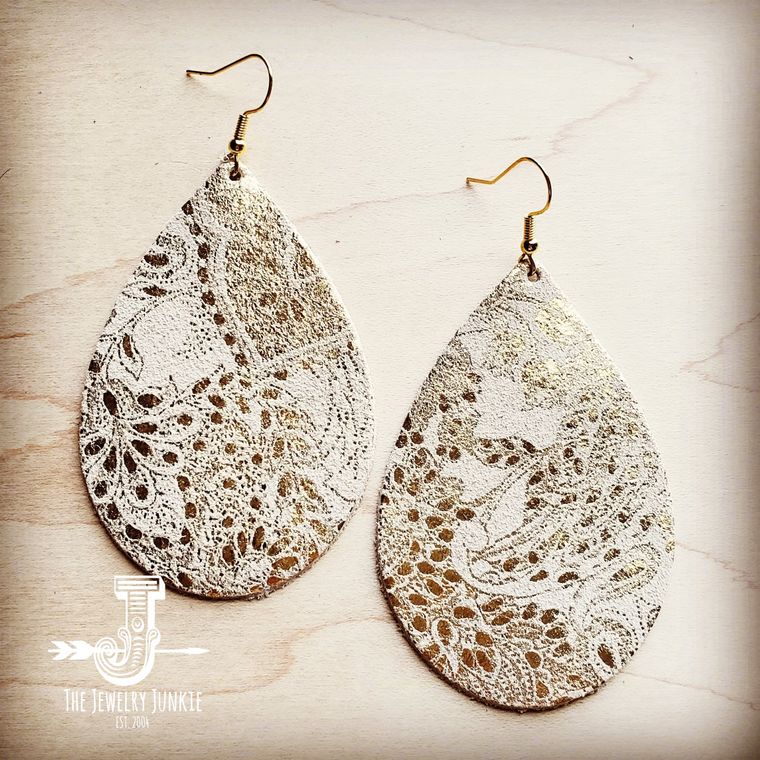 Leather Teardrop Earrings in Gold and White Paisley 200q