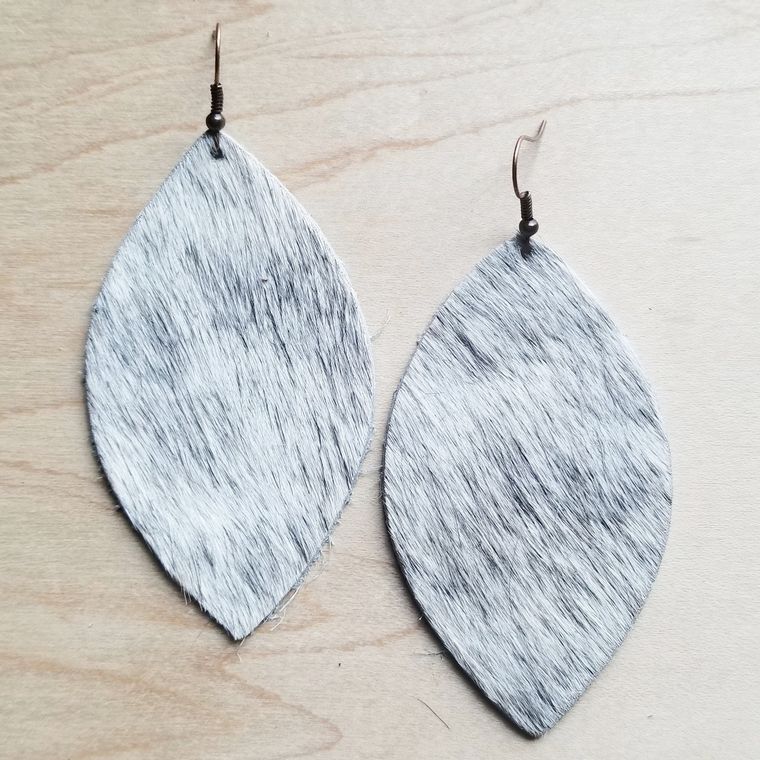 Leather Oval Earrings in White and Gray Hair-on-Hide 221v