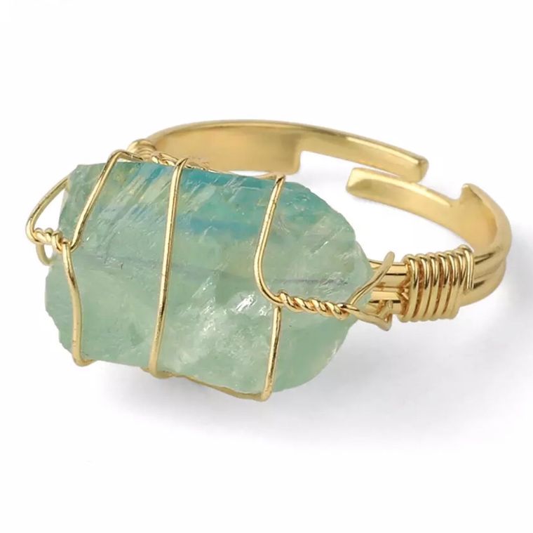 Green Fluorite Rough Gemstone Gold Adjustable Ring  ~ 