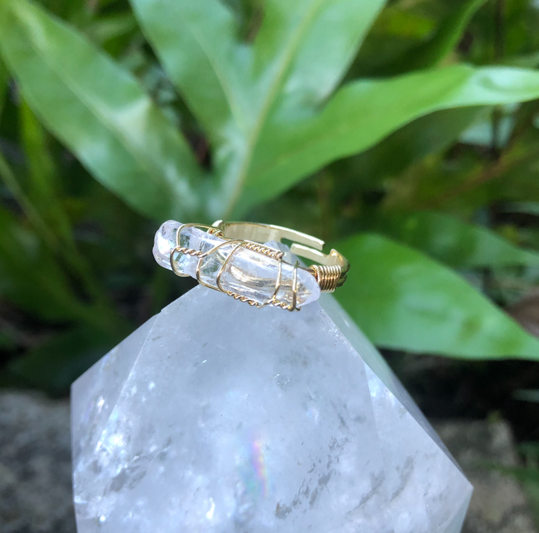 Crystal Quartz Gemstone Adjustable Ring w/ Gold