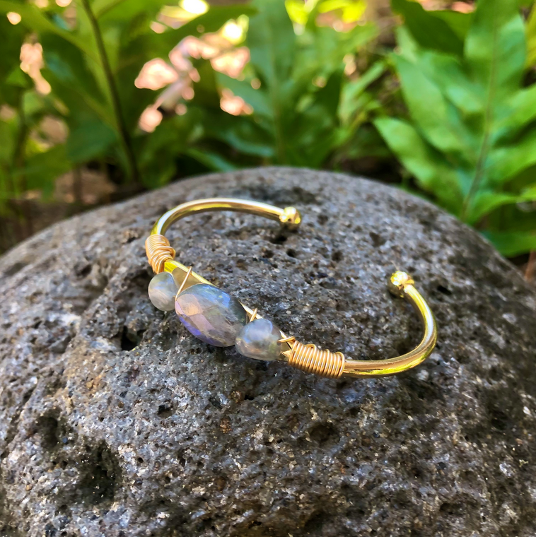 Labradorite Gemstone Gold Bangle Cuff Bracelet 