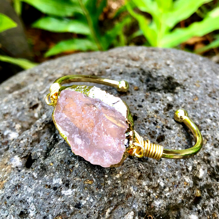 Rose Quartz Flat Gemstone Gold Bangle Cuff Bracelet ~ 